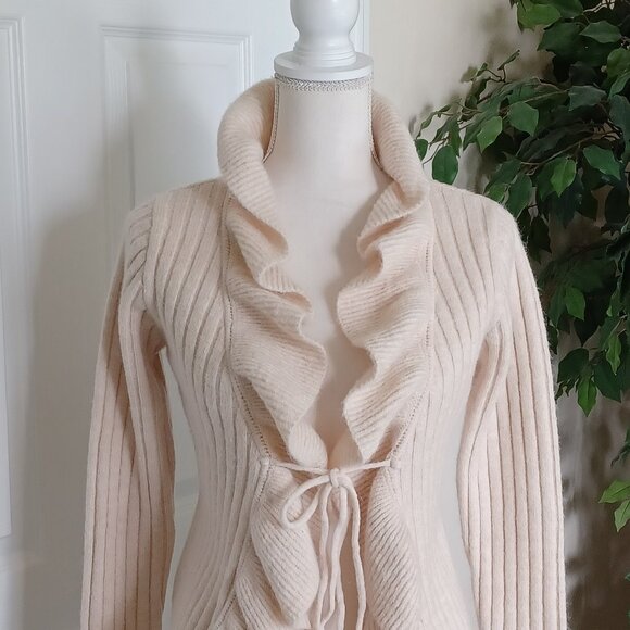 EUC Vici Ruffled Tie-Front Bell Sleeve Cream Cardigan Size Small - Picture 2 of 6